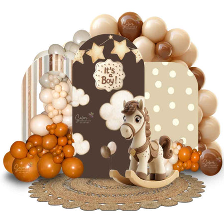 Mocha and beige baby shower balloon decoration. Features balloon garlands, backdrops, and a rocking horse cutout. Customizable for boy or girl! in Salem, Oregon, and nearby cities like McMinnville, Portland, Wilsonville, and Lake Oswego.