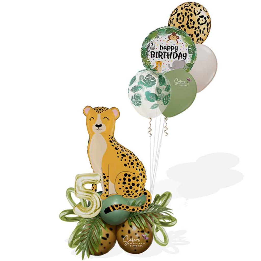 Cheetah balloon bouquet with balloon numbers  a set of helium balloons and greenery. Salem Oregon balloon delivery.