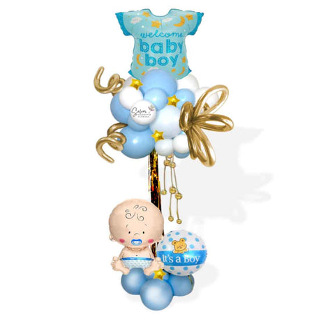 Welcome baby boy balloon column, in pastel blue and white, and decorated with golden stars and curly balloons. Oregon Balloon Decor.