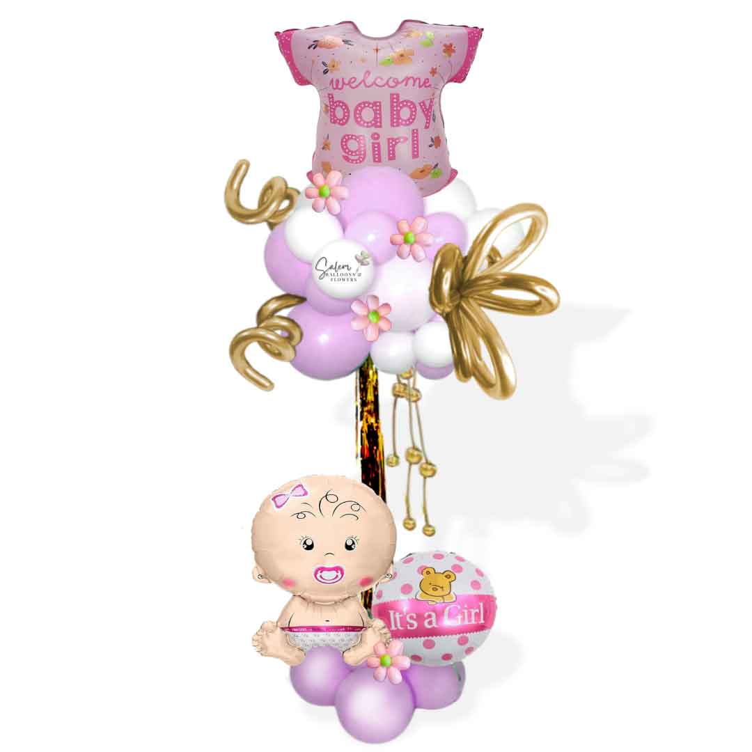 Welcome baby girl balloon column, in pastel pink and white, and decorated with balloon flowers and curly balloons. Oregon Balloon Decor.