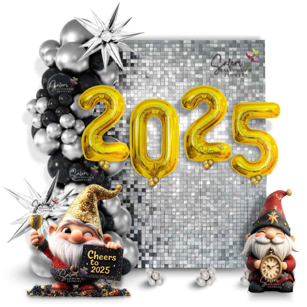 New Year's 2025 balloon decoration featuring a stunning silver shimmery wall adorned with a silver and black balloon garland, accented by shiny pointy silver stars and two adorable gnome cutouts. The centerpiece is '2025' balloon numbers floating in front of the dazzling backdrop. Perfect for celebrating the new year in style. Balloon Decor available in Oregon.