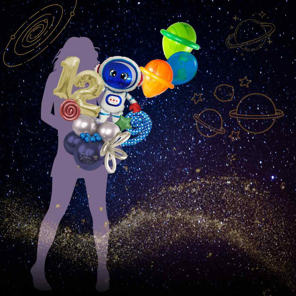 Astronaut themed balloon bouquet with number balloons, stars, curly balloons and ribbon and a set of planet themed helium balloons. Balloons Salem Oregon. Size Chart.