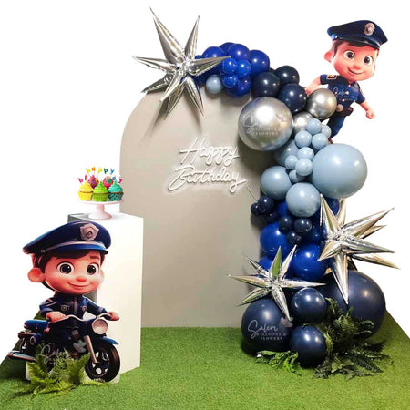 Police themed balloon decor. Balloon garland, Happy Birthday neon sign, and 2 cop cutout signs. Oregon Balloon decor.