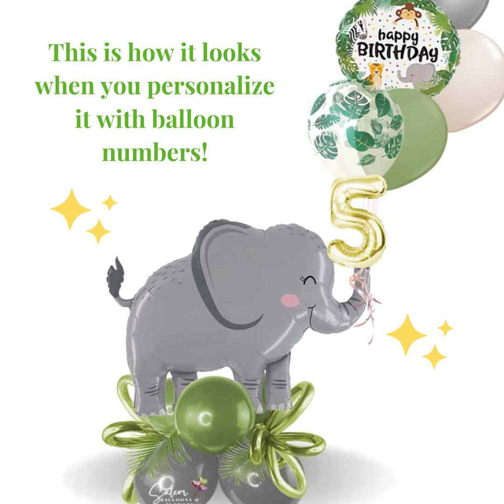 Safari themed balloon boquet featuring an elephan balloon and a set of helium filled balloons with a happy birthday message. Balloons salem oregon and nearby cities. balloon numbers