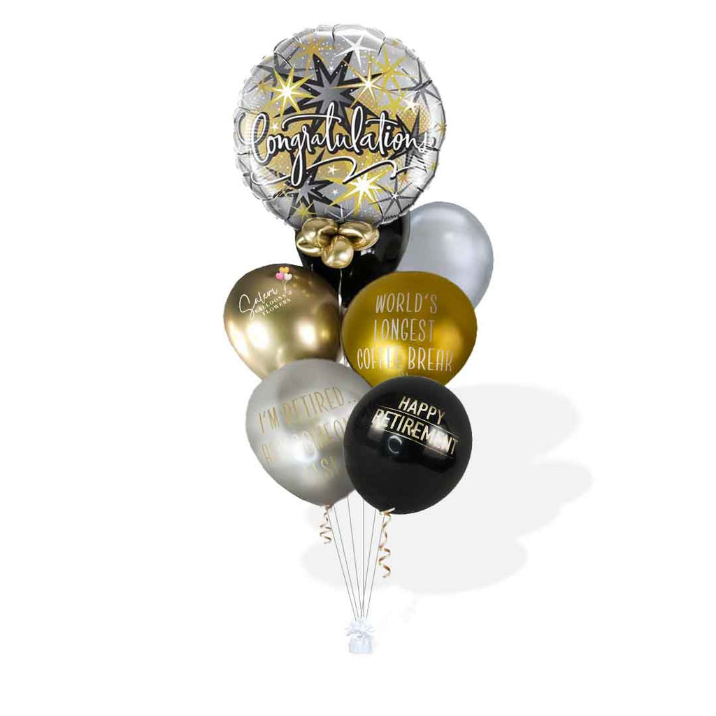 Congratulations on your retirement balloon bouquet. in silver black and gold color balloons. Salem Keizer oregon balloon delivery