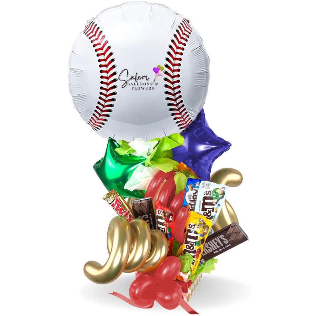 Sports themed candy balloon bouquet. Featuring a sport ball. Basetball balloon.Delivery in Salem OR and nearby cities.