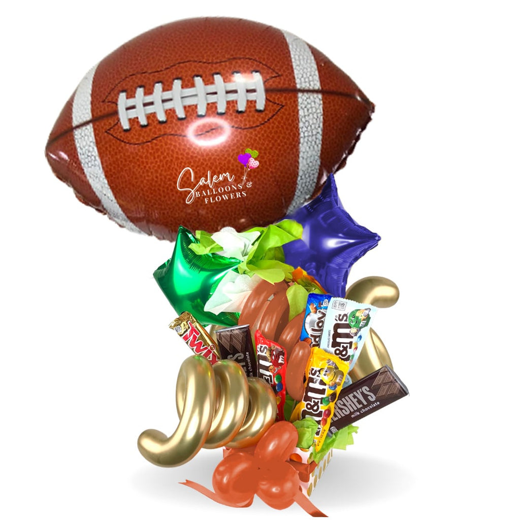 Sports themed candy balloon bouquet. Featuring a sport ball. football balloon.Delivery in Salem OR and nearby cities.