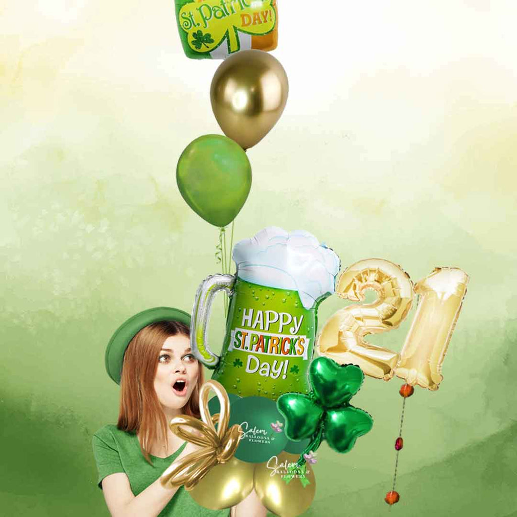 a young girl holding a St. Patrick's Day themed number balloon bouquet. Featuring a set of helium balloons with a 