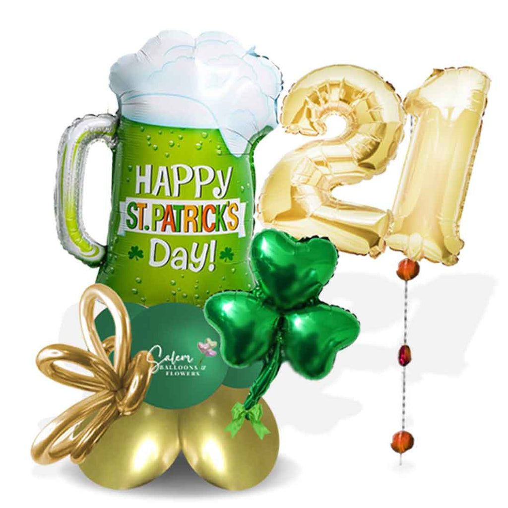 St. Patrick's Day themed number balloon bouquet. Featuring 2 number balloons, a glass of beer balloon,  and a shamrock balloon. Balloon delivery Salem Oregon and nearby cities.