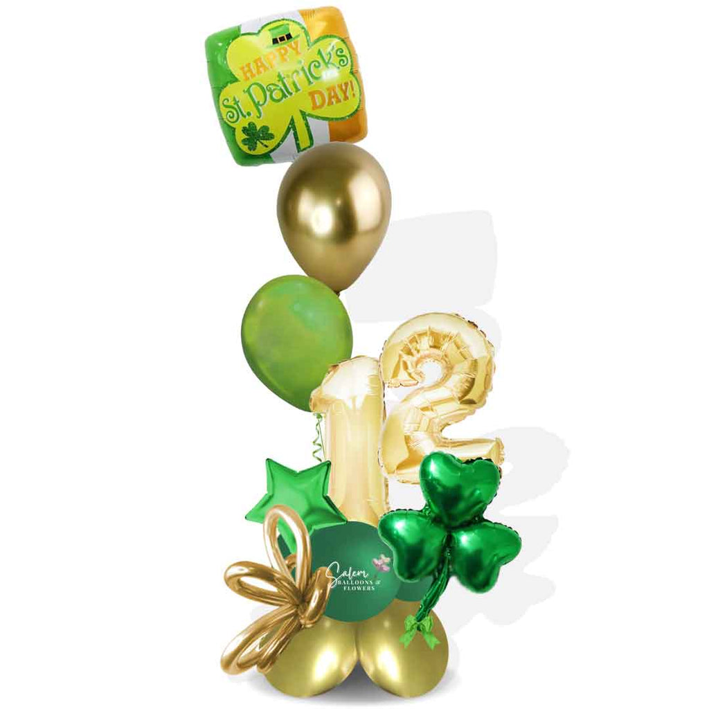 St. Patrick's Day themed number balloon bouquet. Featuring a set of helium balloons with a 