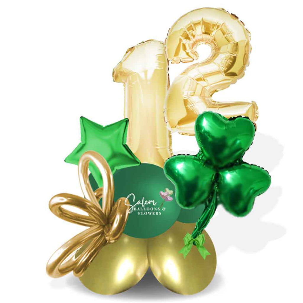 St. Patrick's Day themed number balloon bouquet. Featuring 2 number balloons and a shamrock balloon. Balloon delivery Salem Oregon and nearby cities.