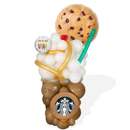 4 Ft tall Starbucks Latte inspired balloon bouquet. with whipping cream and a chocolate cookie balloon. Delivery in Salem Oregon and nearby cities.