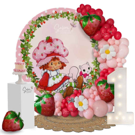 My berry 1st Birthday themed balloon decor. Strawberry Shortcake round backdrop on a hoop decorated with balloon garland. Balloon decor. Oregon