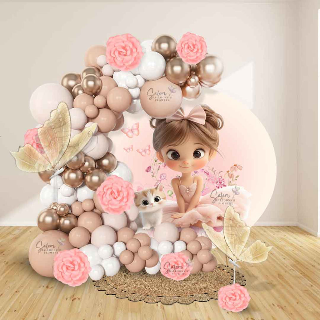 Ballerina themed balloon decoration in a hoop. In a pastel pink color palette and light up butterflies. Salem Oregon Balloon decor.