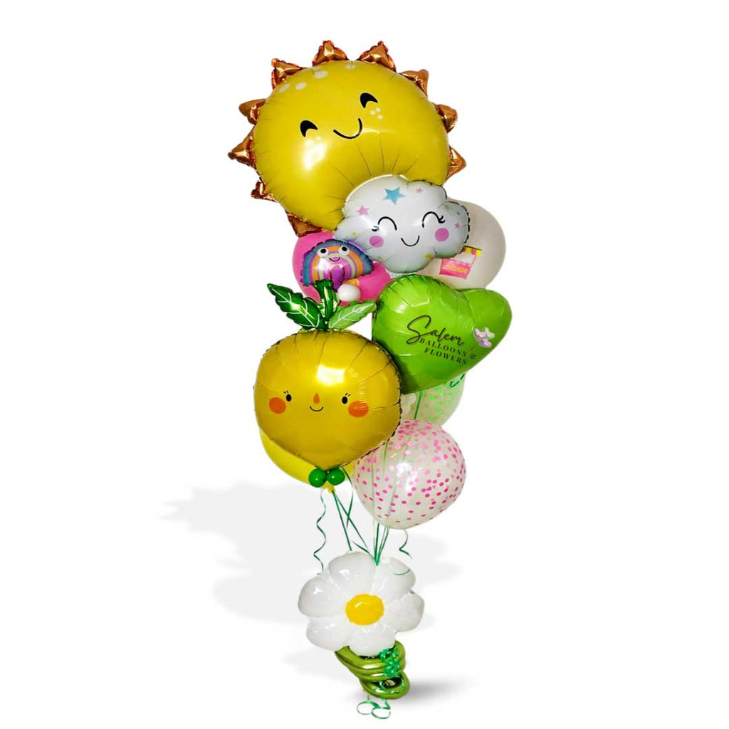 Sunny colorful balloon bouquet, featuring a sun, clouds, lemon, heart and flower balloons. Oregon Balloon Delivery.