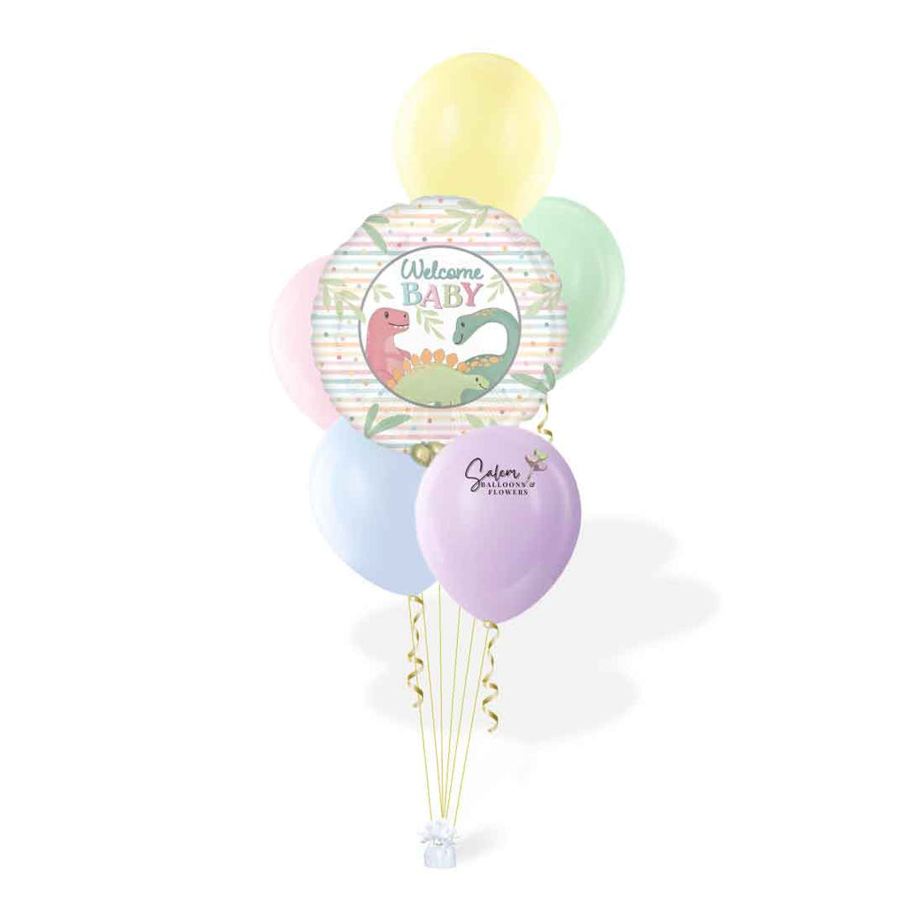 Welcome Baby helium balloon bouquet, featuring a pastel colors mylar balloon, and a set of pastel colors  latex balloons. Balloon delivery Salem Oregon and nearby cities.