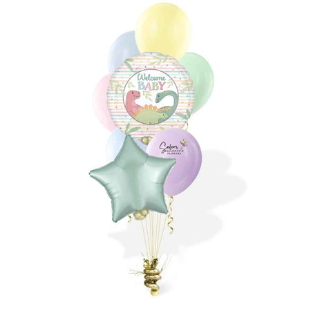 Welcome Baby helium balloon bouquet, featuring a pastel colors mylar balloon, a pastel color star balloon,  and a set of pastel colors  latex balloons. Balloon delivery Salem Oregon and nearby cities.