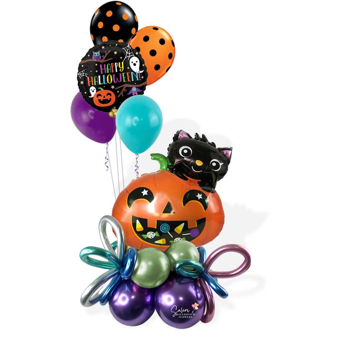 Halloween themed balloon bouquet, featuring a pumpkin balloon with a cute black cat, decorated with helium balloons and curly balloons. Oregon Balloon delivery.