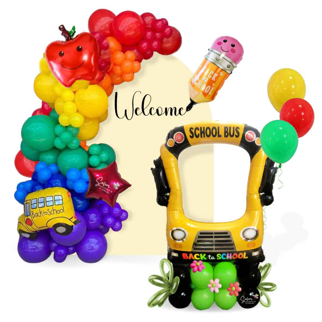 A one panel one garland Back to School Balloon decoration, featuring an extra large school bus photo booth balloon. Oregon balloon decor.