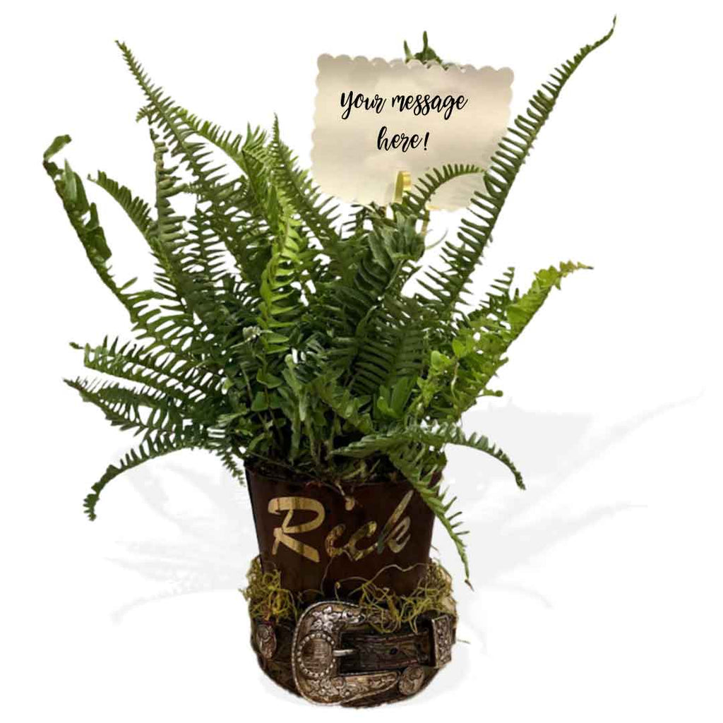 Fern plant in a buckle shaped vase/ The ideal gift your western enthusiast. Salem Oregon  flower delivery.