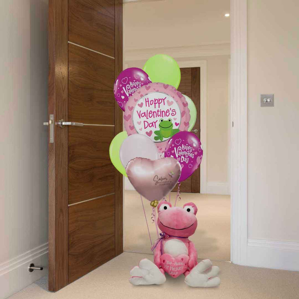 You make my hart leap valentines balloon bouquet with large pink frog plush. oregon balloon delivery