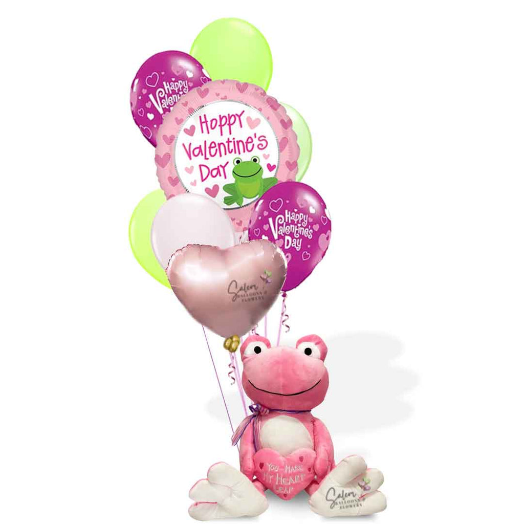 You make m hart leap valentines balloon bouquet with large pink frog plush. oregon balloon delivery