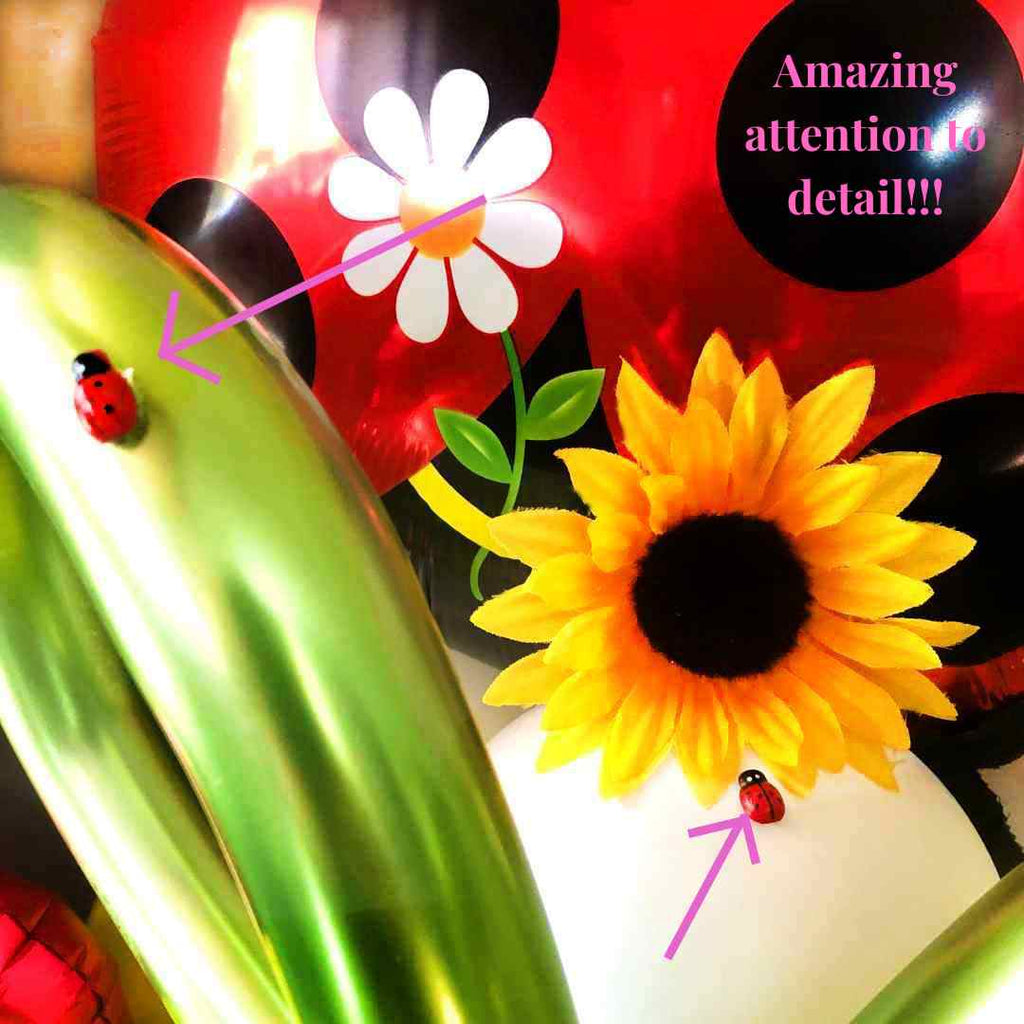 Ladybug-themed balloon bouquet, with an extra set of helium balloons, flowers, balloon numbers, and bugs. Salem Oregon. Balloon delivery