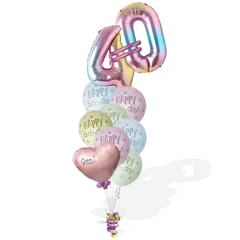 Extra large numbers balloon bouquet. With colorful Happy Birthday printed pastel colored balloons featuring extra large rainbow color numbers. A very cheery gift! Delivery available in Salem Oregon and nearby areas.