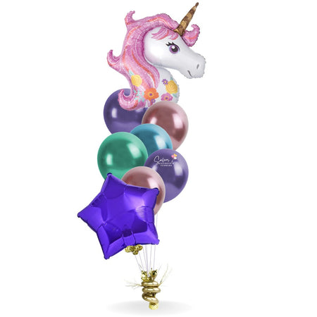 Extra tall Balloon Bouquet. Featuring a sweet 33" Unicorn balloon and a set of matching colored balloons, anchored to a decorated weight. Original design comes with a star but you can choose your occasion (Birthday, Get Well, Hearts)