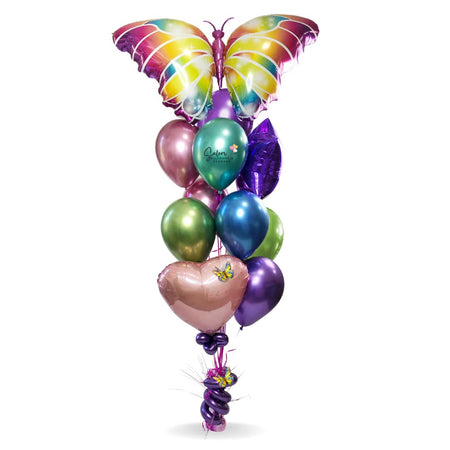 Balloons Salem Oregon. Balloon delivery. Extra tall Balloon Bouquet. Featuring a colorful 44" Butterfly balloon and a set of matching colored balloons, anchored to a decorated weight. Original design comes with a pink heart but you can choose your occasion.