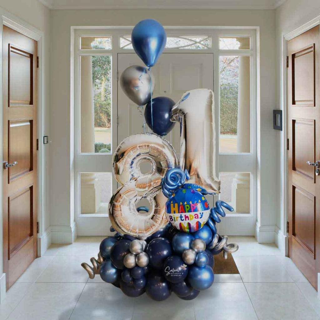 Mega Balloon Numbers Balloon Bouquet. Featuring large balloon numbers 81 in blues and silver. Oregon balloon delivery. Birthday Balloons
