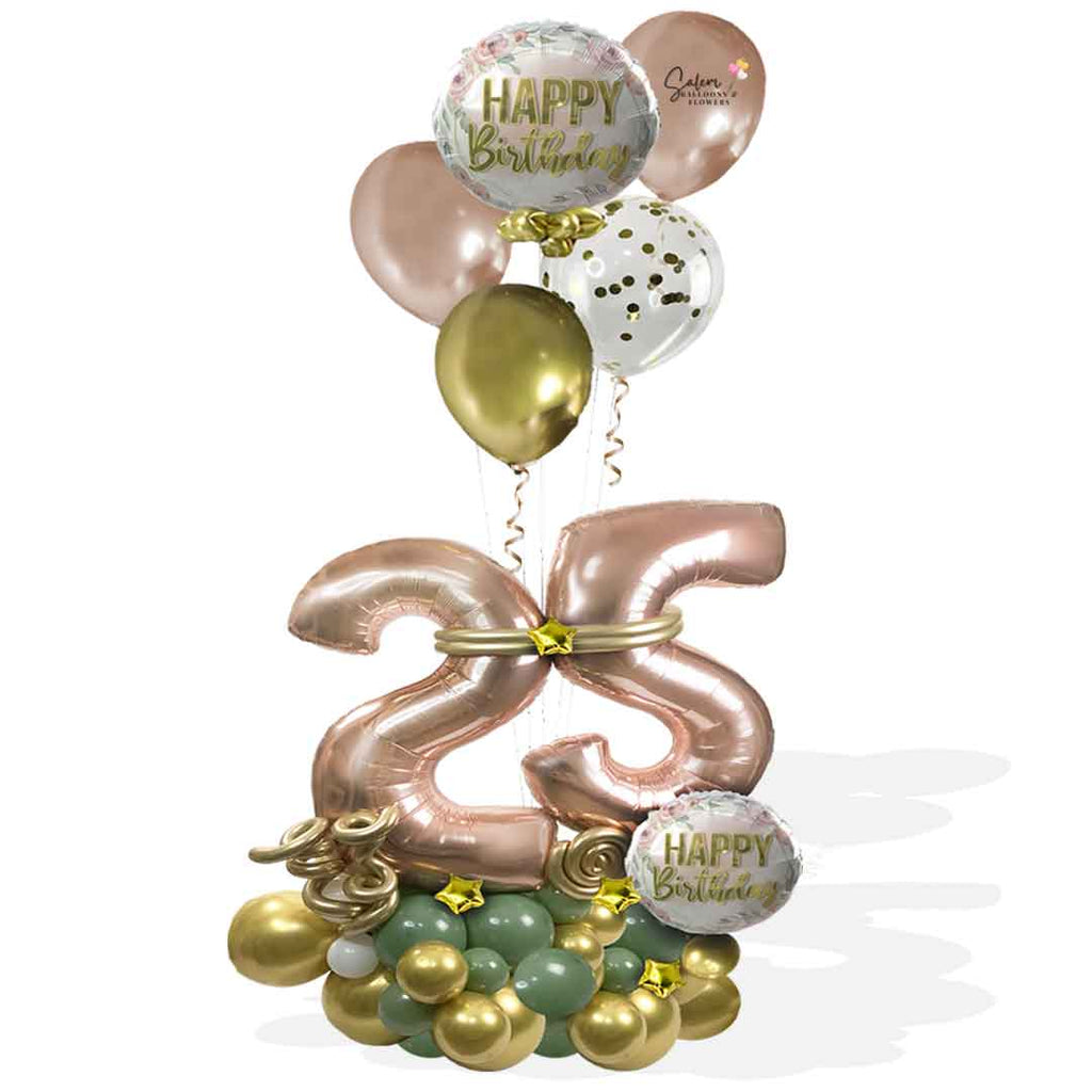 Rose gold number balloon bouquet, in olive green, gold and rose gold colors, with a set of helium balloons. 4ft tall approx. Salem Oregon Balloon delivery