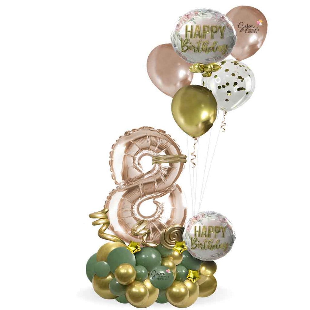 Rose gold number balloon bouquet, in olive green, gold and rose gold colors, with a set of helium balloons. 4ft tall approx. Salem Oregon Balloon delivery