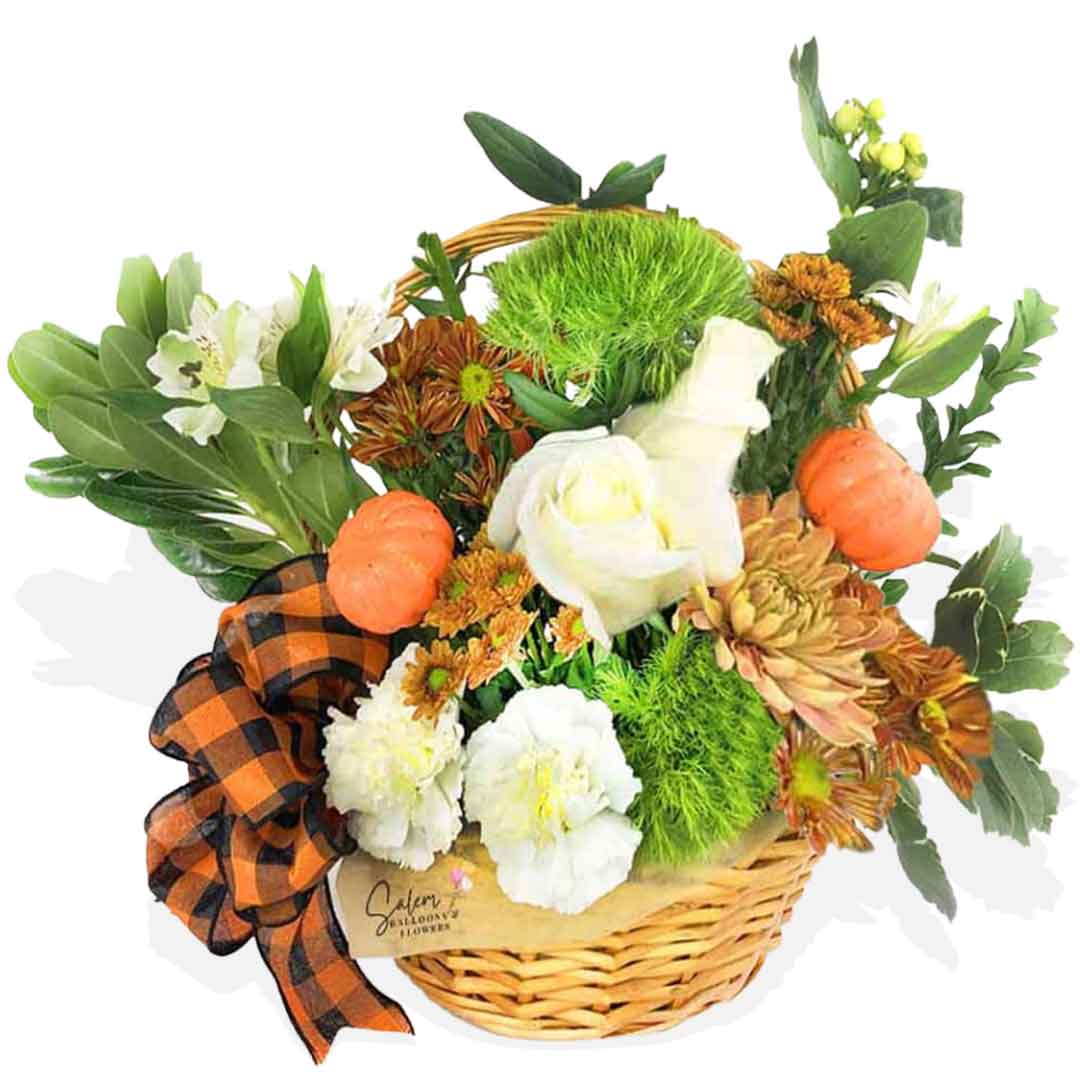 Fall themed flower arrangement in a basket. Salem Oregon flower delivery