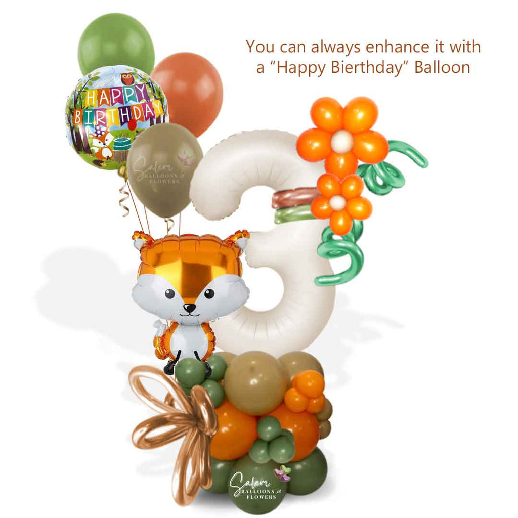 Woodland themed balloon bouquet with  large balloon number, in a green, orange and beige color palette. Featuring a cute Fox shaped balloon and a Happy birthday balloon. Balloons Salem Oregon