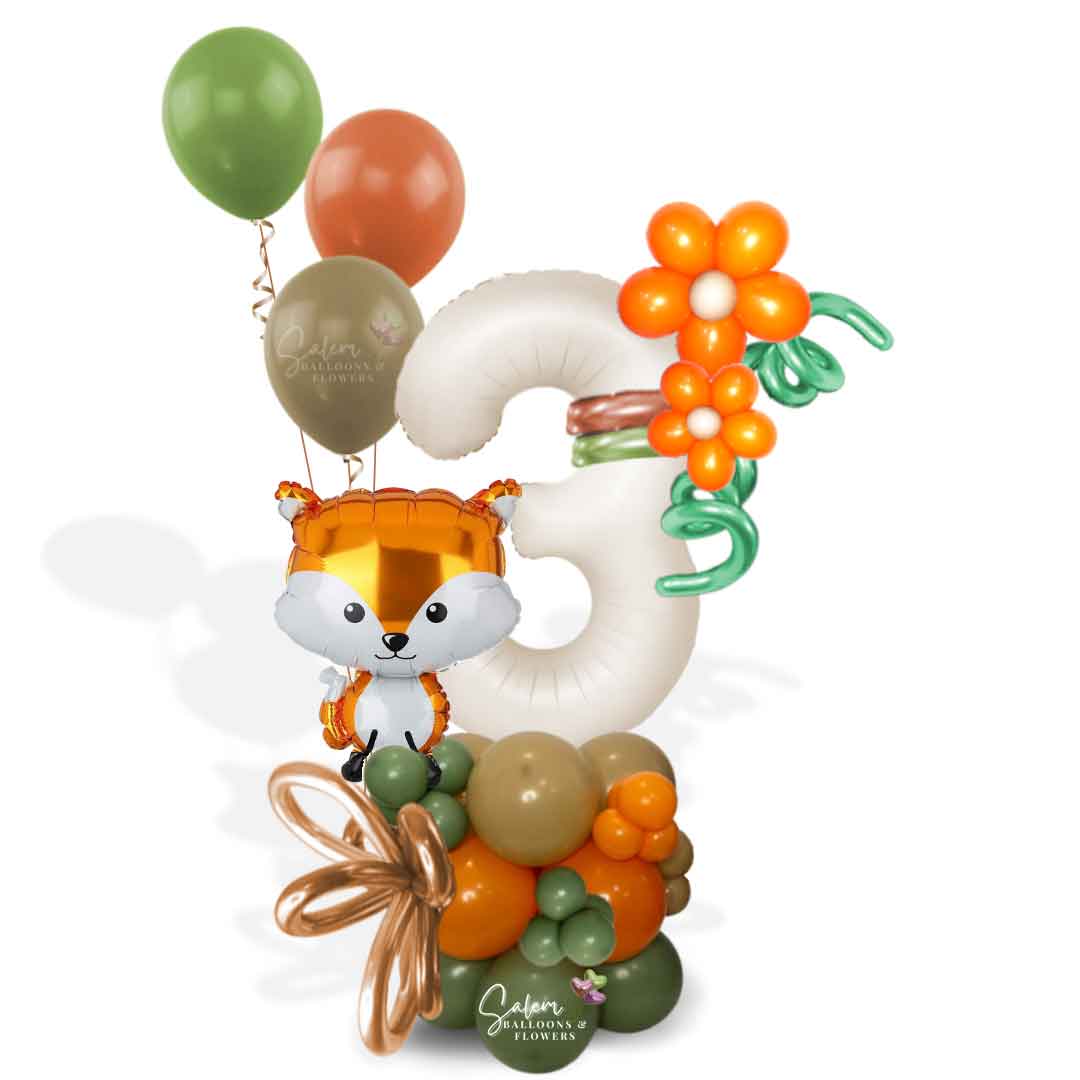 Woodland themed balloon bouquet with a large balloon number, in a green, orange and beige color palette. Featuring a cute Fox shaped balloon. Balloons Salem Oregon