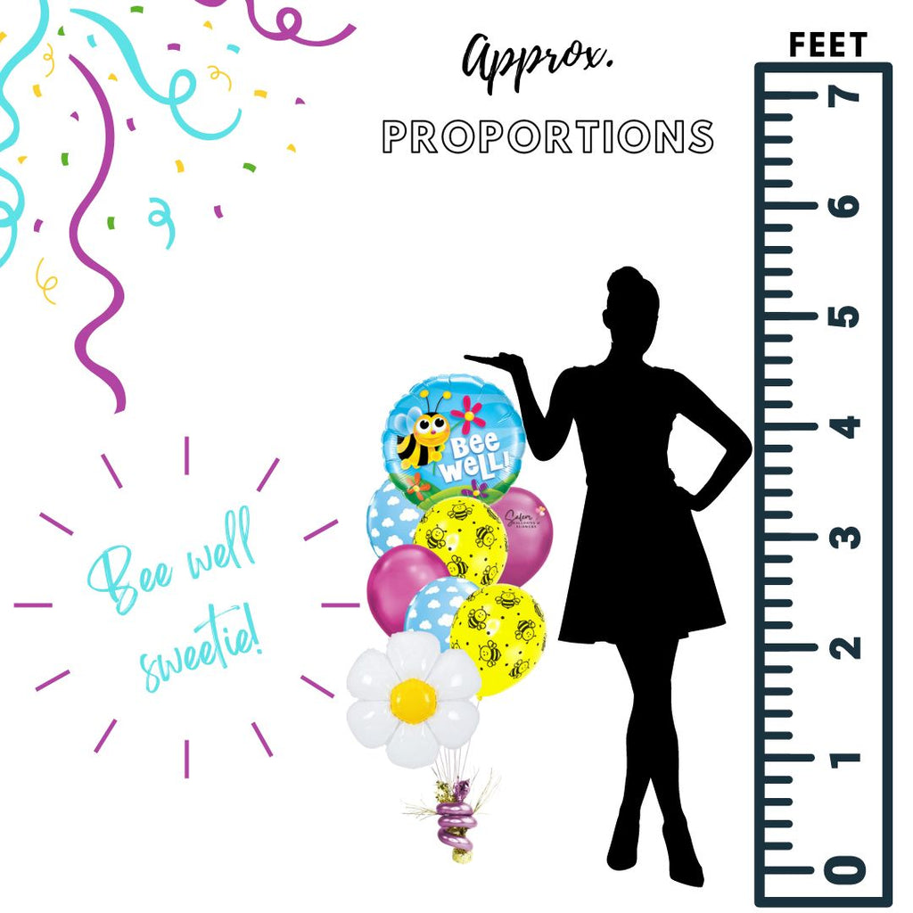 size chart for a Get well helium balloon bouquet, featuring a mylar balloon with a cute bee and a 'Bee Well!