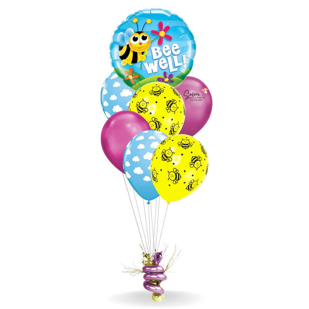 Get well helium balloon bouquet, featuring a mylar balloon with a cute bee and a 'Bee Well!