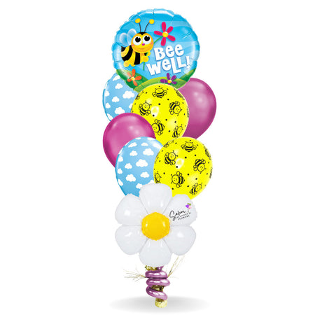 Get well helium balloon bouquet, featuring a mylar balloon with a cute bee and a 'Bee Well!" message. Salem Oregon balloon delivery.