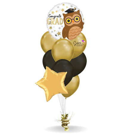 Graduation balloons. Congrats grad balloon bouquet. Featuring a Mylar balloon with a "Congrats grad" message with gold and black balloons. Delivery in Salem OR. and nearby cities.