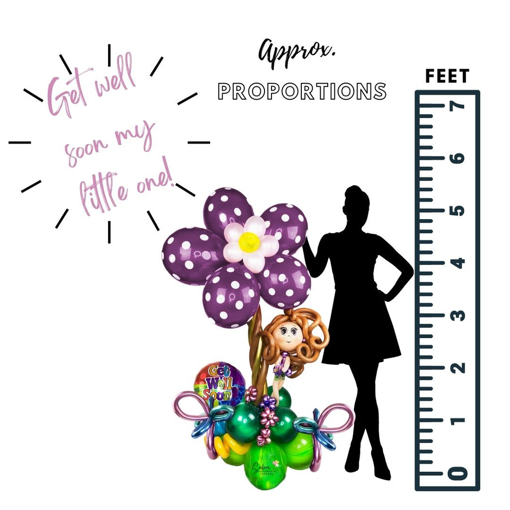 Get well standing balloon bouquet sculpture. Featuring a Balloon Ballerina Doll standing on a giant daisy flower balloon. Deluxe style comes with a box of chocolates. Free delivery in Salem Oregon and nearby areas. 