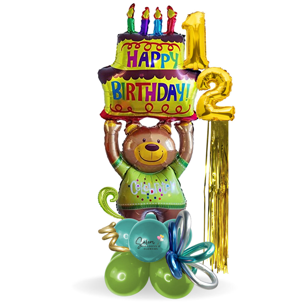 Numbers balloon bouquet a gift that never goes out of style. Featuring an extra large teddy bear balloon wearing a T-shirt with the word 