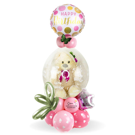 HBD Stuffed Balloon Bouquet. Birthday balloon bouquet, featuring a cute plush wearing a fancy hat. Clear stuffed balloon comes with "Happy Birthday" messages printed all over! Balloons Salem Oregon and nearby cities.