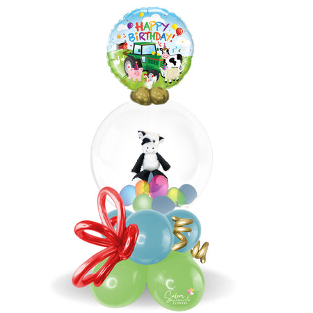 HBD Stuffed Balloon Bouquet. featuring a Farm themed Mylar balloon a "Happy birthday" message. Deluxe style comes with soft touch plush. 