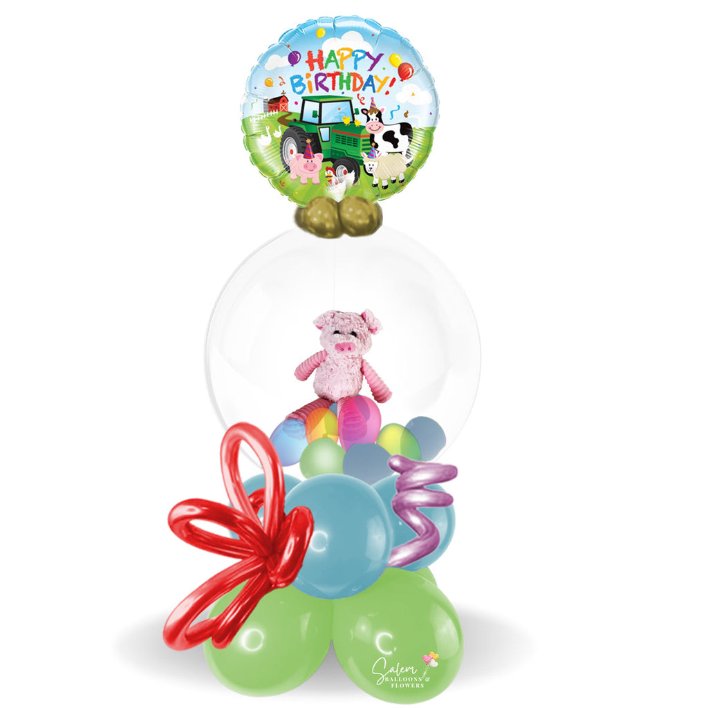 HBD Stuffed Balloon Bouquet. featuring a Farm themed Mylar balloon a 