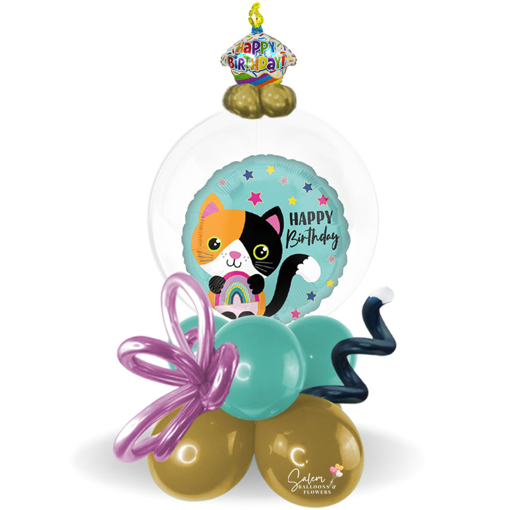 Stuffed bubble balloon arrangement. Featuring a Kitty cat themed Mylar balloon with a 