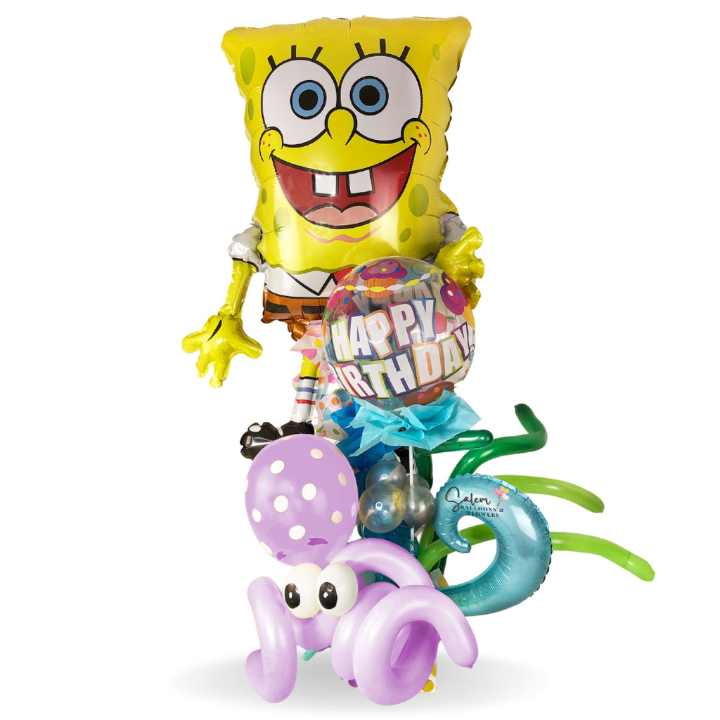 This is the funniest balloon bouquet. Featuring a large Sponge-Bob Mylar balloon decorated with whimsical balloons and a maritime theme. These balloon arrangements are very popular due to their long-lasting life and their big but still easy-to-carry size.  Free delivery in Salem Oregon and nearby areas