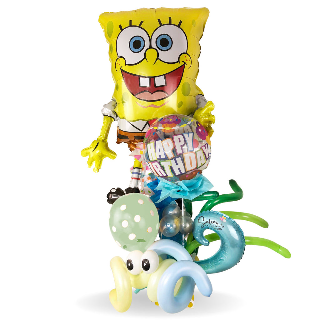 This is the funniest balloon bouquet. Featuring a large Sponge-Bob Mylar balloon decorated with whimsical balloons and a maritime theme. These balloon arrangements are very popular due to their long-lasting life and their big but still easy-to-carry size.  Free delivery in Salem Oregon and nearby areas