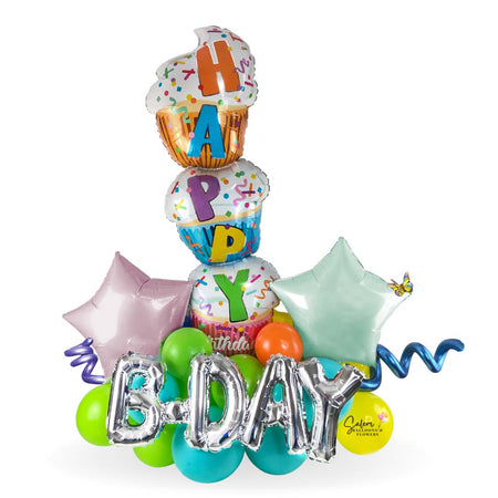 Large and colorful birthday balloon bouquet. Featuring a triple cupcake balloon with a Happy Birthday message. Deluxe style comes with a set of helium balloons featuring a candy balloon. Premium style includes a box of chocolates.  Free delivery in Salem Oregon and nearby areas.