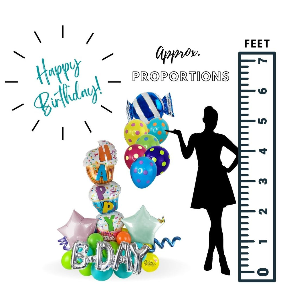 Large and colorful birthday balloon bouquet. Featuring a triple cupcake balloon with a Happy Birthday message. Deluxe style comes with a set of helium balloons featuring a candy balloon. Premium style includes a box of chocolates.  Free delivery in Salem Oregon and nearby areas.